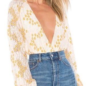 Lovers + Friends Yellow Floral Lace Bodysuit